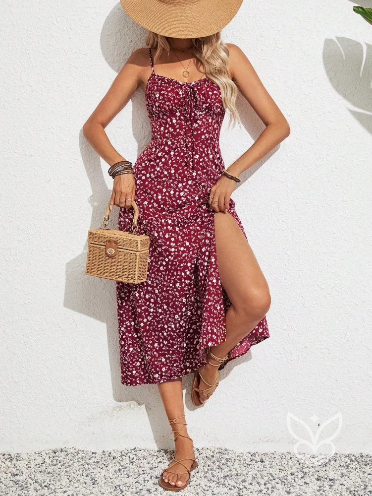 Vestido Midi Estampado Com Fenda Frontal E Alça Fina Vestido Midi Estampado Com Fenda Frontal E Alça Fina