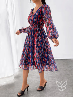 Vestido Midi Estampado Com Manga Longa E Cintura Marcada Vestido Midi Estampado Com Manga Longa E Cintura Marcada