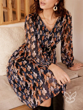 Vestido Midi Estampado Com Manga Longa E Cintura Marcada Vestido Midi Estampado Com Manga Longa E Cintura Marcada