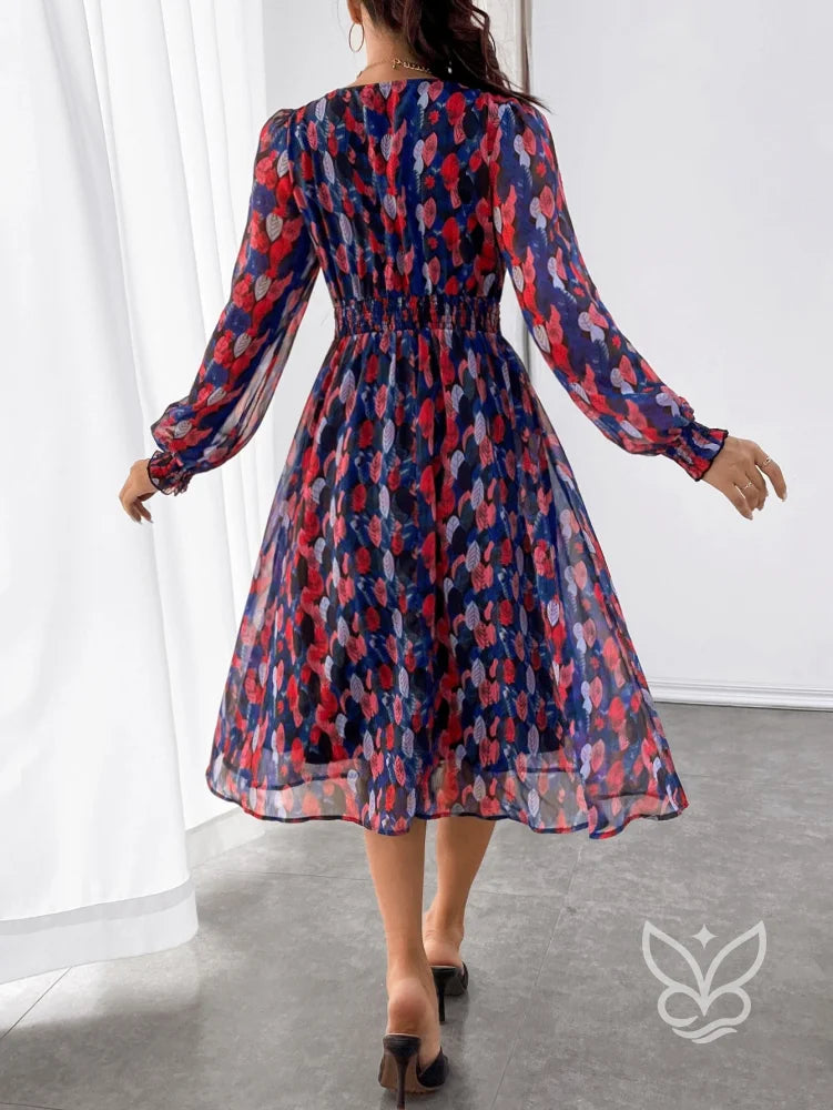 Vestido Midi Estampado Com Manga Longa E Cintura Marcada Vestido Midi Estampado Com Manga Longa E Cintura Marcada