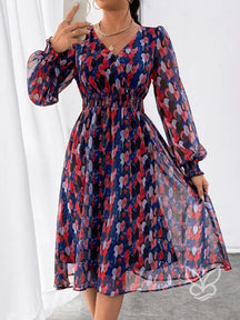 Vestido Midi Estampado Com Manga Longa E Cintura Marcada Estampa 1 / PP Vestido Midi Estampado Com Manga Longa E