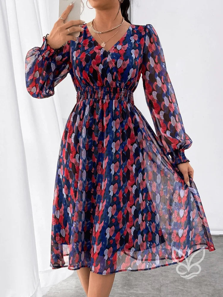 Vestido Midi Estampado Com Manga Longa E Cintura Marcada Estampa 1 / PP Vestido Midi Estampado Com Manga Longa E