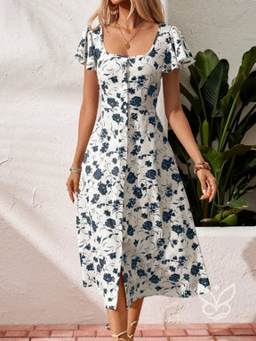 Vestido Midi Floral Com Botões E Fenda Frontal Vestido Midi Floral Com Botões E Fenda Frontal