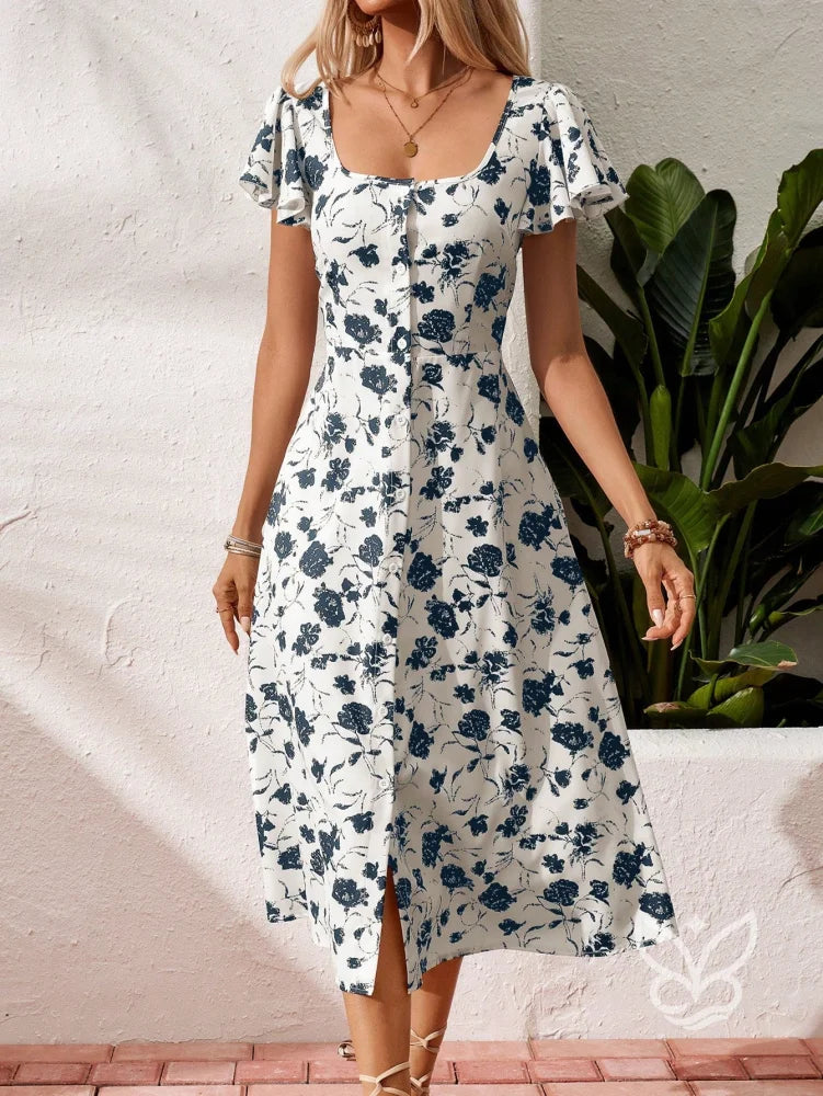Vestido Midi Floral Com Botões E Fenda Frontal Vestido Midi Floral Com Botões E Fenda Frontal