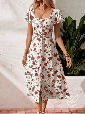 Vestido Midi Floral Com Botões E Fenda Frontal Vestido Midi Floral Com Botões E Fenda Frontal