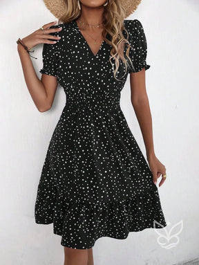 Vestido Midi Floral Com Manga Curta Bufante E Decote V Vestido Midi Floral Com Manga Curta Bufante E Decote V
