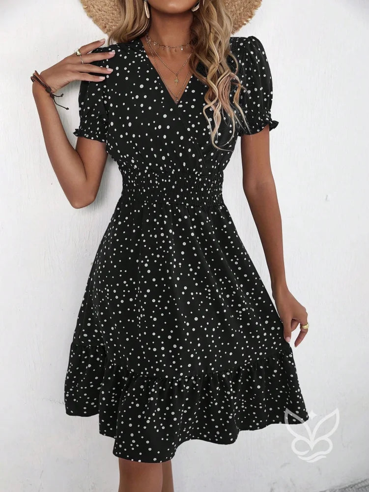 Vestido Midi Floral Com Manga Curta Bufante E Decote V Vestido Midi Floral Com Manga Curta Bufante E Decote V