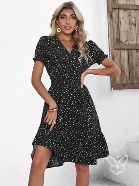 Vestido Midi Floral Com Manga Curta Bufante E Decote V Vestido Midi Floral Com Manga Curta Bufante E Decote V