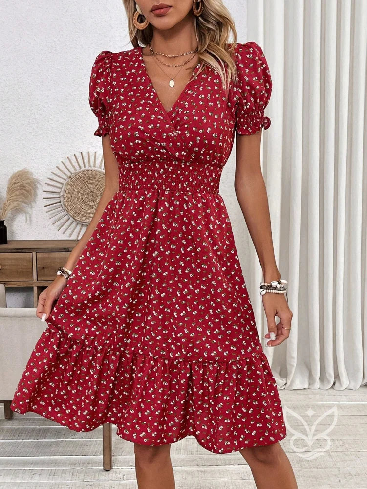 Vestido Midi Floral Com Manga Curta Bufante E Decote V Vestido Midi Floral Com Manga Curta Bufante E Decote V