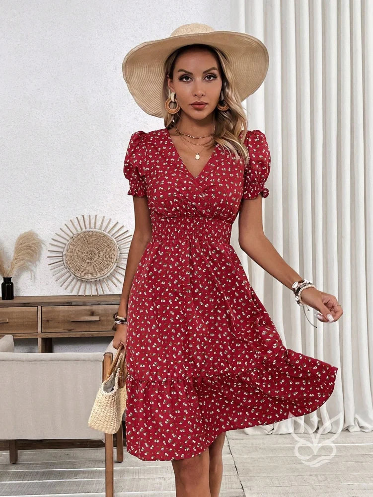 Vestido Midi Floral Com Manga Curta Bufante E Decote V Vestido Midi Floral Com Manga Curta Bufante E Decote V