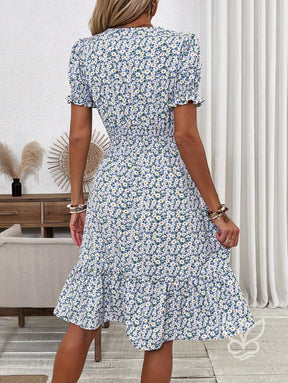 Vestido Midi Floral Com Manga Curta Bufante E Decote V Vestido Midi Floral Com Manga Curta Bufante E Decote V