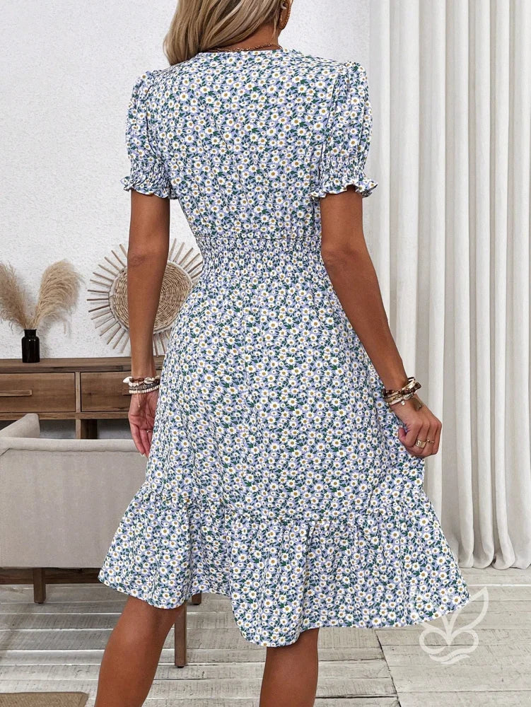 Vestido Midi Floral Com Manga Curta Bufante E Decote V Vestido Midi Floral Com Manga Curta Bufante E Decote V