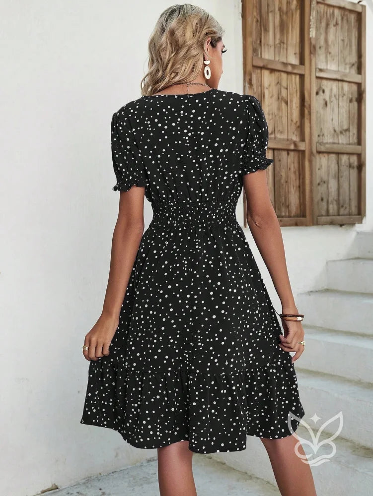 Vestido Midi Floral Com Manga Curta Bufante E Decote V Vestido Midi Floral Com Manga Curta Bufante E Decote V