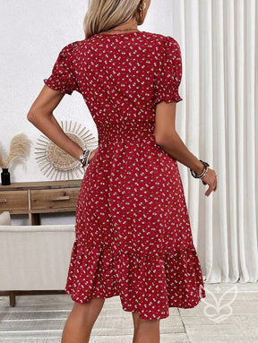 Vestido Midi Floral Com Manga Curta Bufante E Decote V Vestido Midi Floral Com Manga Curta Bufante E Decote V