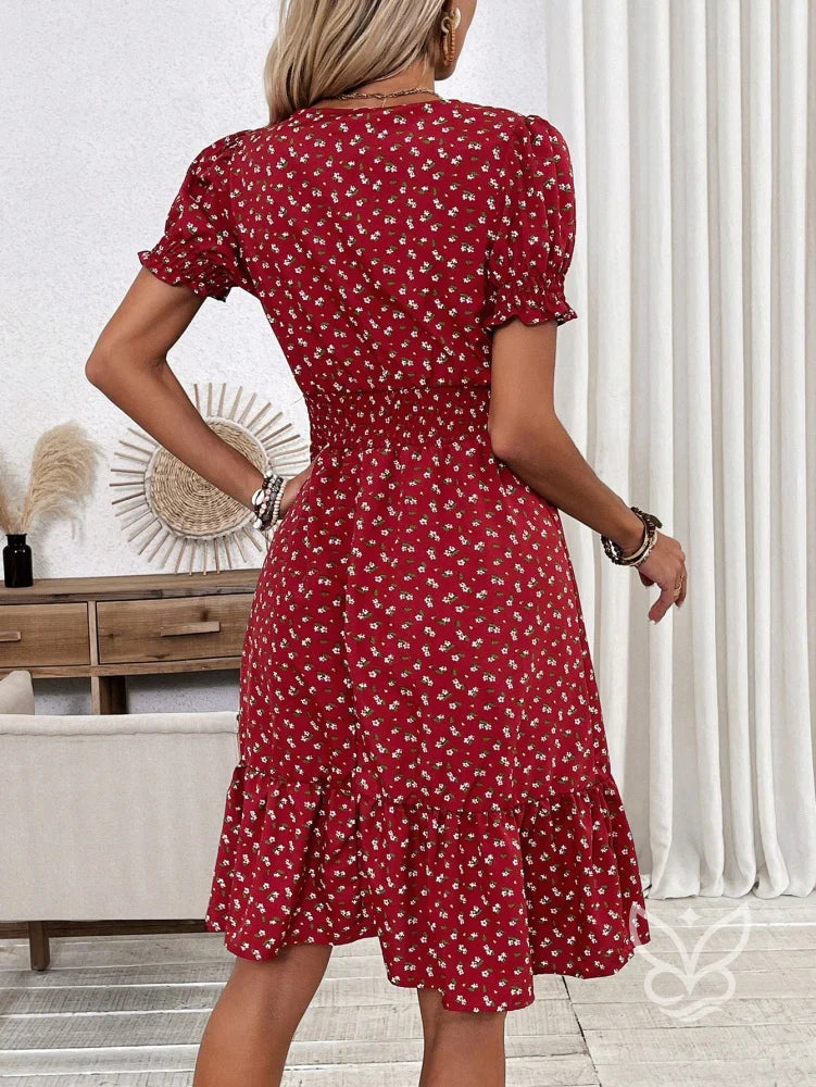 Vestido Midi Floral Com Manga Curta Bufante E Decote V Vestido Midi Floral Com Manga Curta Bufante E Decote V