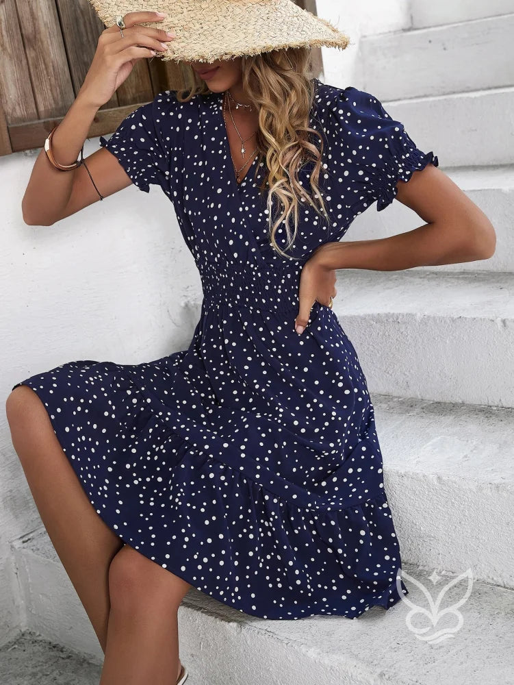Vestido Midi Floral Com Manga Curta Bufante E Decote V Vestido Midi Floral Com Manga Curta Bufante E Decote V
