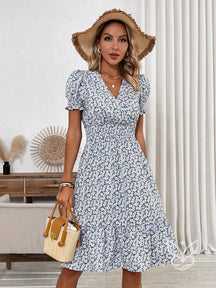 Vestido Midi Floral Com Manga Curta Bufante E Decote V Roxo / PP Vestido Midi Floral Com Manga Curta Bufante E Decote V