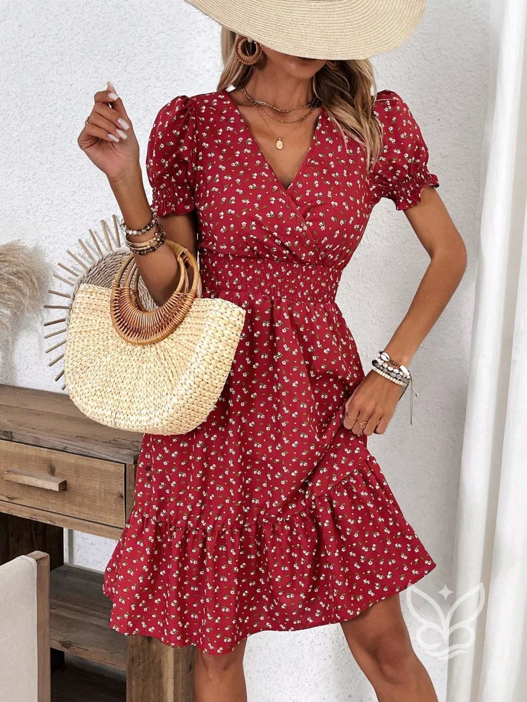 Vestido Midi Floral Com Manga Curta Bufante E Decote V Vermelho / PP Vestido Midi Floral Com Manga Curta Bufante E