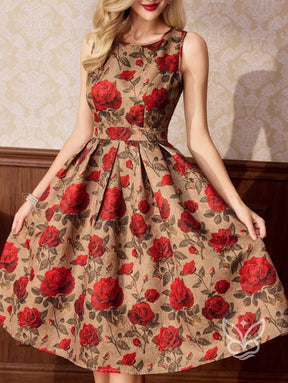 Vestido Midi Floral com Modelagem Godê Sofisticada Dourado / PP Vestido Midi Floral com Modelagem Godê Sofisticada