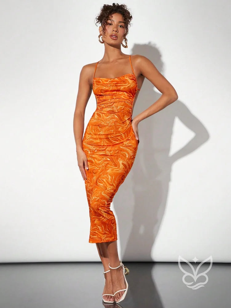 Vestido Midi Justo Com Alças Finas E Franzido Lateral Laranja / PP Vestido Midi Justo Com Alças Finas E Franzido Lateral