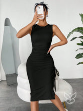 Vestido Midi Justo Com Amarração Lateral E Sem Manga Preto / PP Vestido Midi Justo Com Amarração Lateral E Sem Manga