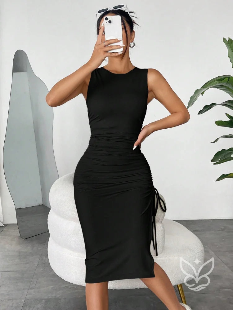 Vestido Midi Justo Com Amarração Lateral E Sem Manga Preto / PP Vestido Midi Justo Com Amarração Lateral E Sem Manga