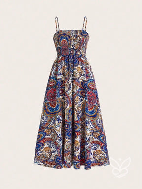 Vestido Midi Justo Estampado Com Alça Fina E Saia Fluida Vestido Midi Justo Estampado Com Alça Fina E Saia Fluida