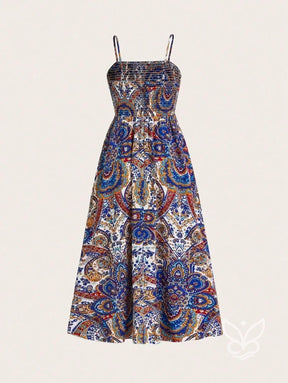 Vestido Midi Justo Estampado Com Alça Fina E Saia Fluida Vestido Midi Justo Estampado Com Alça Fina E Saia Fluida