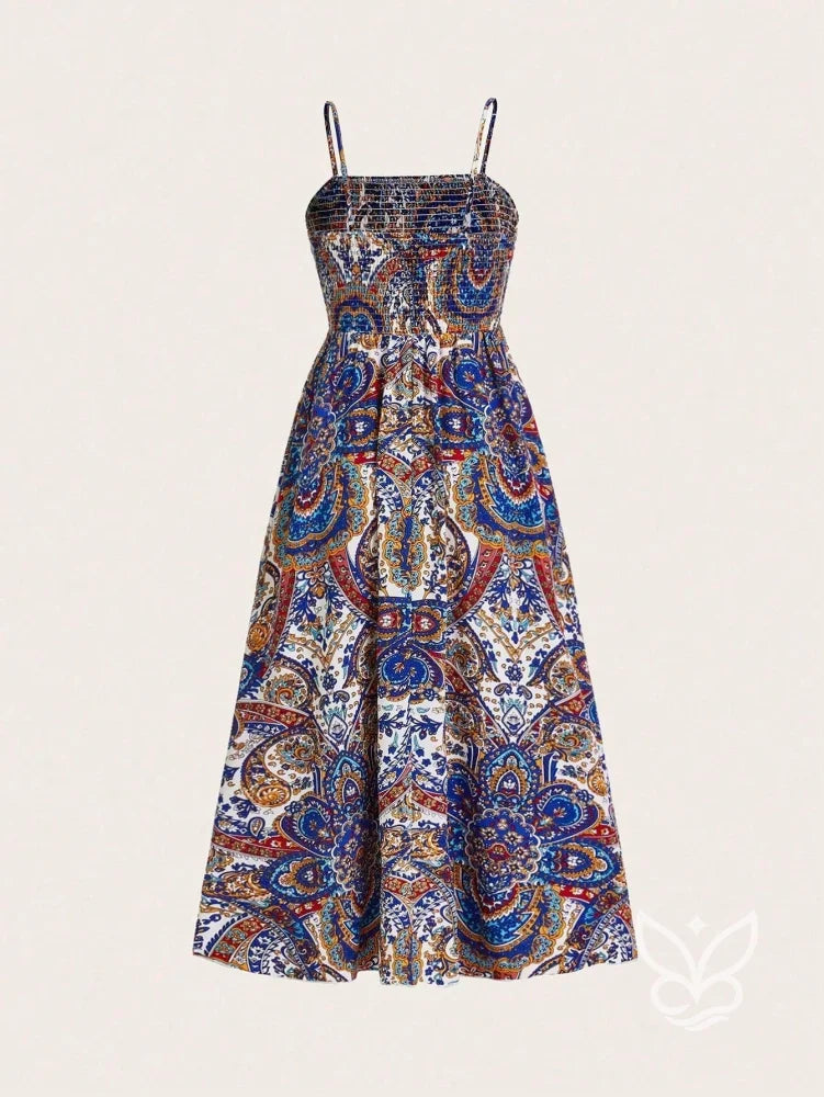 Vestido Midi Justo Estampado Com Alça Fina E Saia Fluida Vestido Midi Justo Estampado Com Alça Fina E Saia Fluida