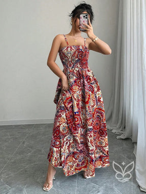 Vestido Midi Justo Estampado Com Alça Fina E Saia Fluida Vestido Midi Justo Estampado Com Alça Fina E Saia Fluida