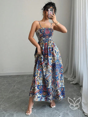 Vestido Midi Justo Estampado Com Alça Fina E Saia Fluida Vestido Midi Justo Estampado Com Alça Fina E Saia Fluida