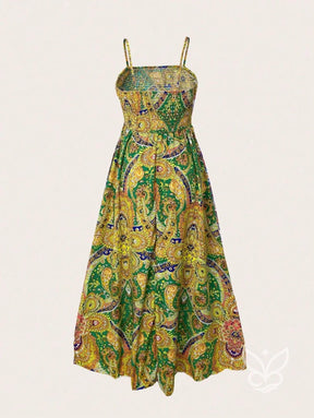 Vestido Midi Justo Estampado Com Alça Fina E Saia Fluida Vestido Midi Justo Estampado Com Alça Fina E Saia Fluida