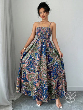 Vestido Midi Justo Estampado Com Alça Fina E Saia Fluida Vestido Midi Justo Estampado Com Alça Fina E Saia Fluida