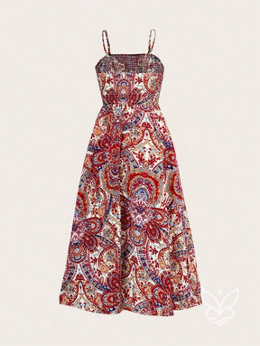 Vestido Midi Justo Estampado Com Alça Fina E Saia Fluida Vestido Midi Justo Estampado Com Alça Fina E Saia Fluida
