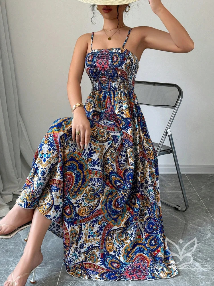 Vestido Midi Justo Estampado Com Alça Fina E Saia Fluida Estampa 1 / PP Vestido Midi Justo Estampado Com Alça Fina E