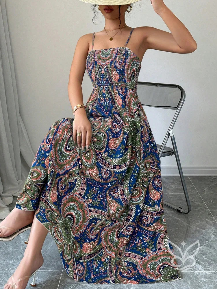 Vestido Midi Justo Estampado Com Alça Fina E Saia Fluida Estampa 2 / PP Vestido Midi Justo Estampado Com Alça Fina E