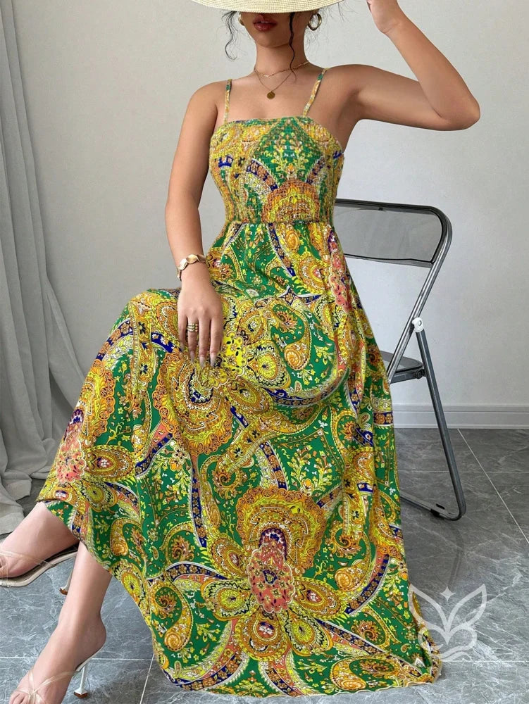 Vestido Midi Justo Estampado Com Alça Fina E Saia Fluida Estampa 3 / PP Vestido Midi Justo Estampado Com Alça Fina E