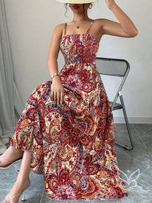 Vestido Midi Justo Estampado Com Alça Fina E Saia Fluida Estampa 4 / PP Vestido Midi Justo Estampado Com Alça Fina E