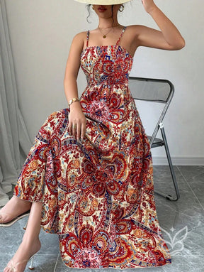 Vestido Midi Justo Estampado Com Alça Fina E Saia Fluida Estampa 4 / PP Vestido Midi Justo Estampado Com Alça Fina E