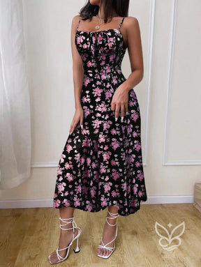 Vestido Midi Justo Floral Com Alça Fina E Barra Assimétrica Vestido Midi Justo Floral Com Alça Fina E Barra Assimétrica