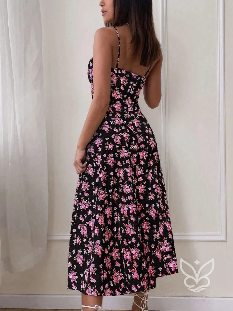 Vestido Midi Justo Floral Com Alça Fina E Barra Assimétrica Vestido Midi Justo Floral Com Alça Fina E Barra Assimétrica