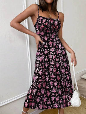 Vestido Midi Justo Floral Com Alça Fina E Barra Assimétrica Vestido Midi Justo Floral Com Alça Fina E Barra Assimétrica
