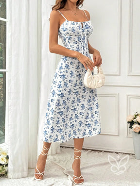 Vestido Midi Justo Floral Com Alça Fina E Barra Assimétrica Vestido Midi Justo Floral Com Alça Fina E Barra Assimétrica