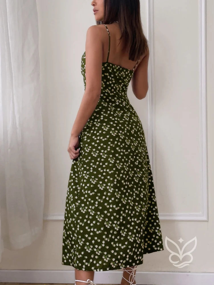 Vestido Midi Justo Floral Com Alça Fina E Barra Assimétrica Vestido Midi Justo Floral Com Alça Fina E Barra Assimétrica
