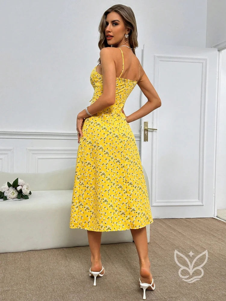 Vestido Midi Justo Floral Com Alça Fina E Barra Assimétrica Vestido Midi Justo Floral Com Alça Fina E Barra Assimétrica