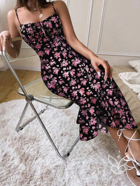 Vestido Midi Justo Floral Com Alça Fina E Barra Assimétrica Preto / PP Vestido Midi Justo Floral Com Alça Fina E Barra