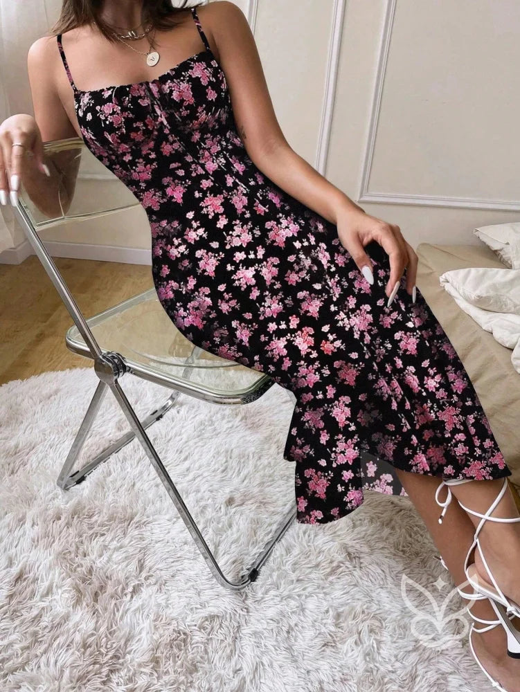 Vestido Midi Justo Floral Com Alça Fina E Barra Assimétrica Preto / PP Vestido Midi Justo Floral Com Alça Fina E Barra