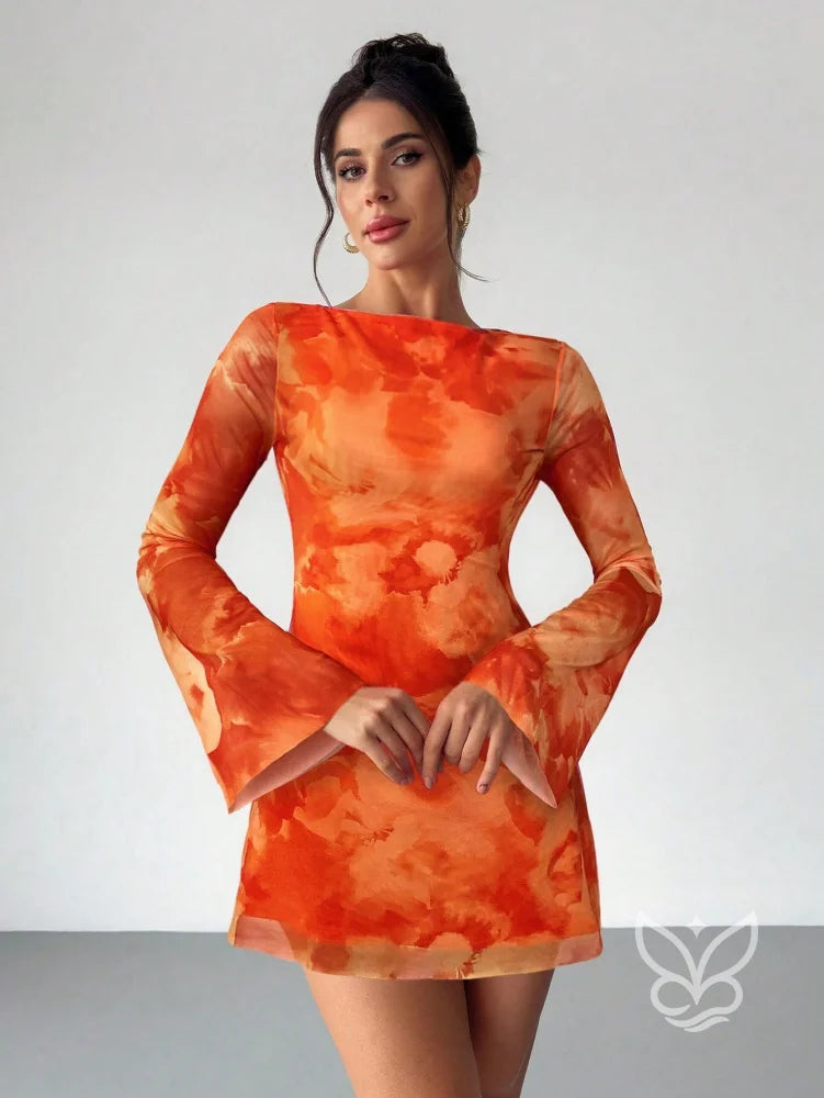Vestido Mini Decote Canoa Manga Flare Cintura Império Estampa Poá Laranja / PP Vestido Mini Decote Canoa Manga Flare