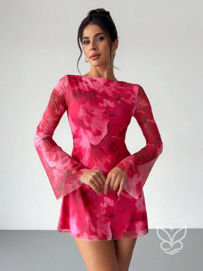 Vestido Mini Decote Canoa Manga Flare Cintura Império Estampa Poá Vermelho / PP Vestido Mini Decote Canoa Manga Flare