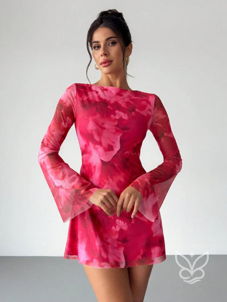 Vestido Mini Decote Canoa Manga Flare Cintura Império Estampa Poá Vermelho / PP Vestido Mini Decote Canoa Manga Flare